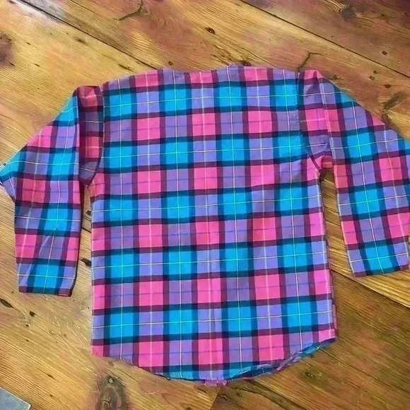 No Collar pink blue and purple button down flannel made in the USA - Picture 5 of 7